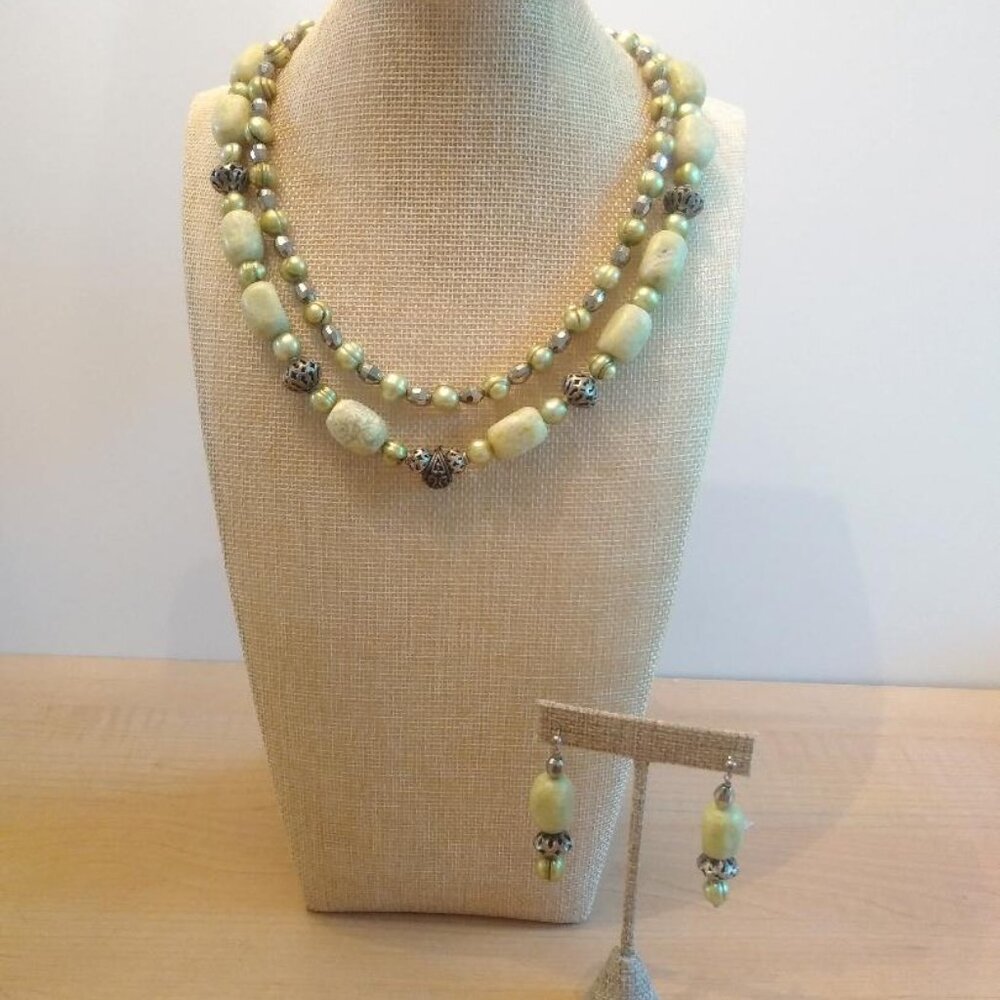 Vintage Double Strand Sterling Silver, Genuine Pearls & Green Stones